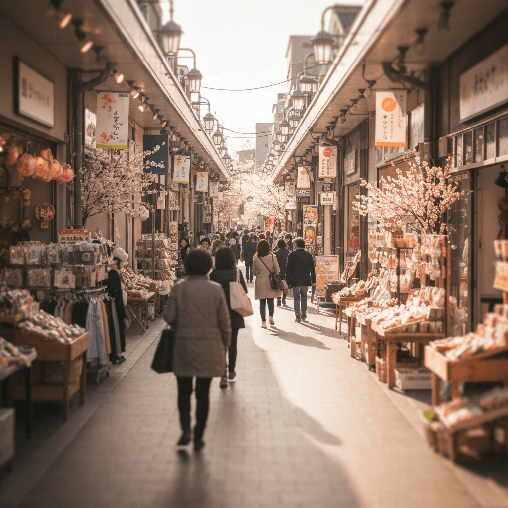 春の昼下がり、やわらかな日差しが差し込む日本の商店街の風景。活気がありながらも穏やかな日常の雰囲気が漂い、人々の往来や店先の様子が写っている。