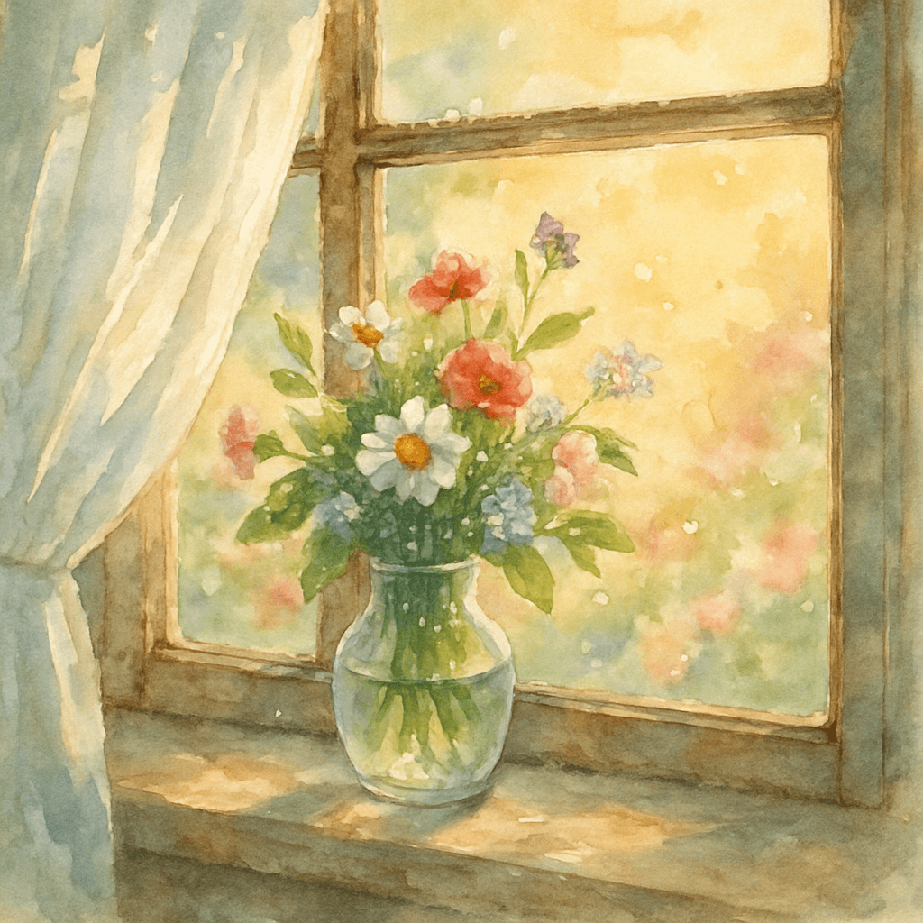 Photorealistic scene of a sunlit spring window nook. A gentle breeze moves the light curtains, revealing a garden with fresh shoots and soft green leaves outside. Inside, a calm room bathed in warm, diffuse light; the breeze mingles with the scent of spring and quiet sounds. The image uses shallow depth of field, soft lighting, minimal composition, and a clear indoor-outdoor connection through the window, wind, and light.