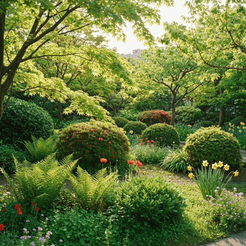 初夏の午後の東京の庭。陽光が降り注ぐ中、みずみずしい緑の葉や小さな花々が風に揺れている。