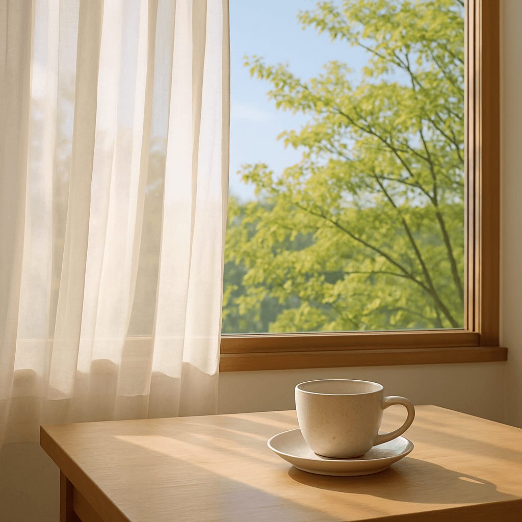 春の光が差し込む窓辺で揺れる白いカーテンとテーブルの上のコーヒーカップ