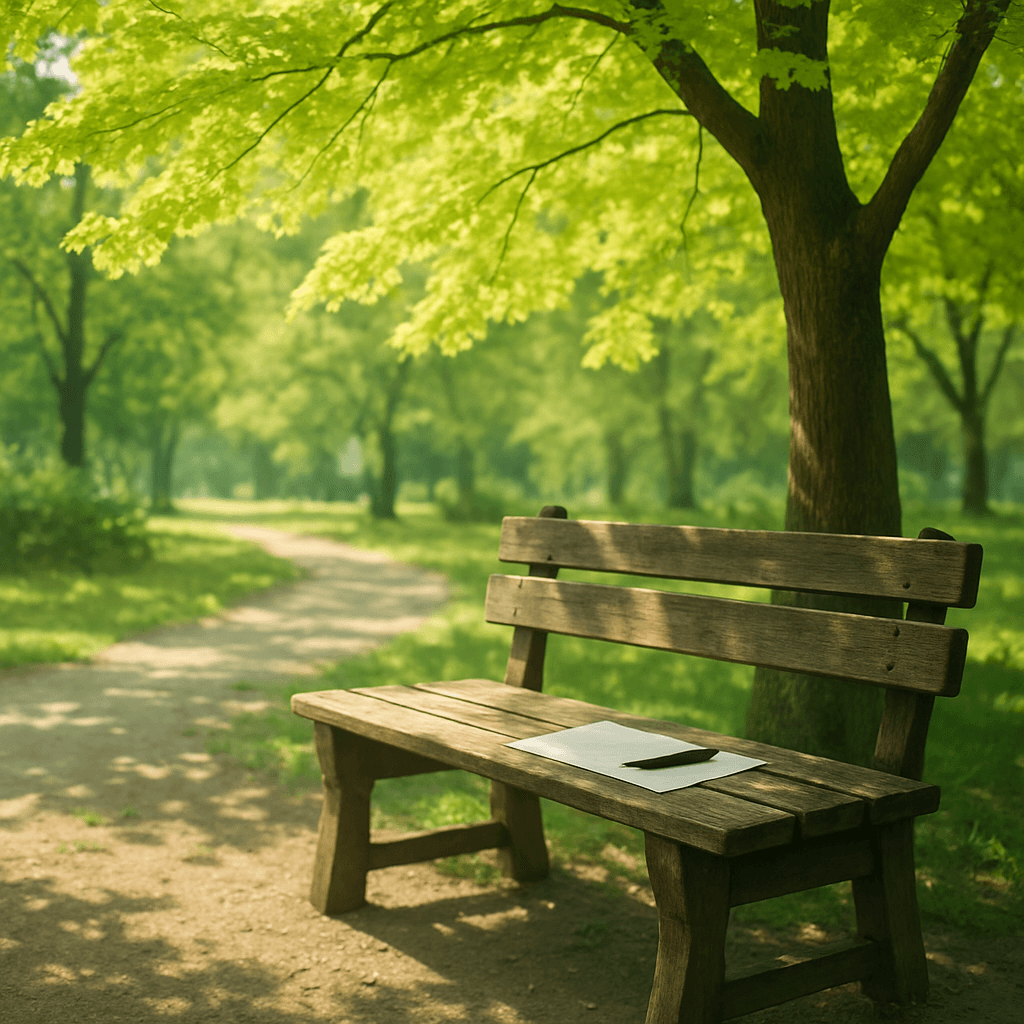 日差しの降り注ぐ春の公園で、新緑の木々の下に置かれた木のベンチと、その上に置かれた一振りの万年筆
