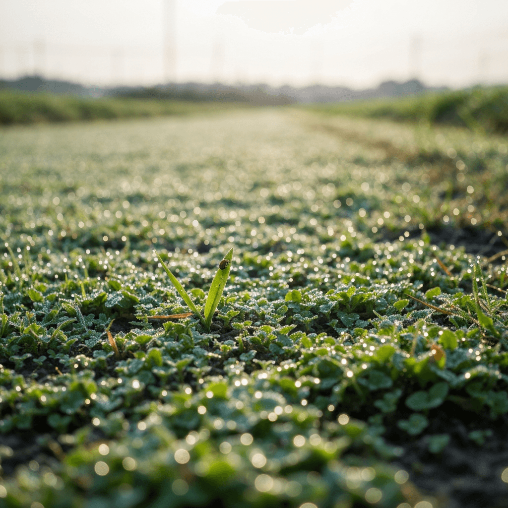 初夏の東京の田畑のあぜ道、朝露に濡れた草花が太陽の光を浴びてきらめいている様子。小さな虫が葉の上に見える。
