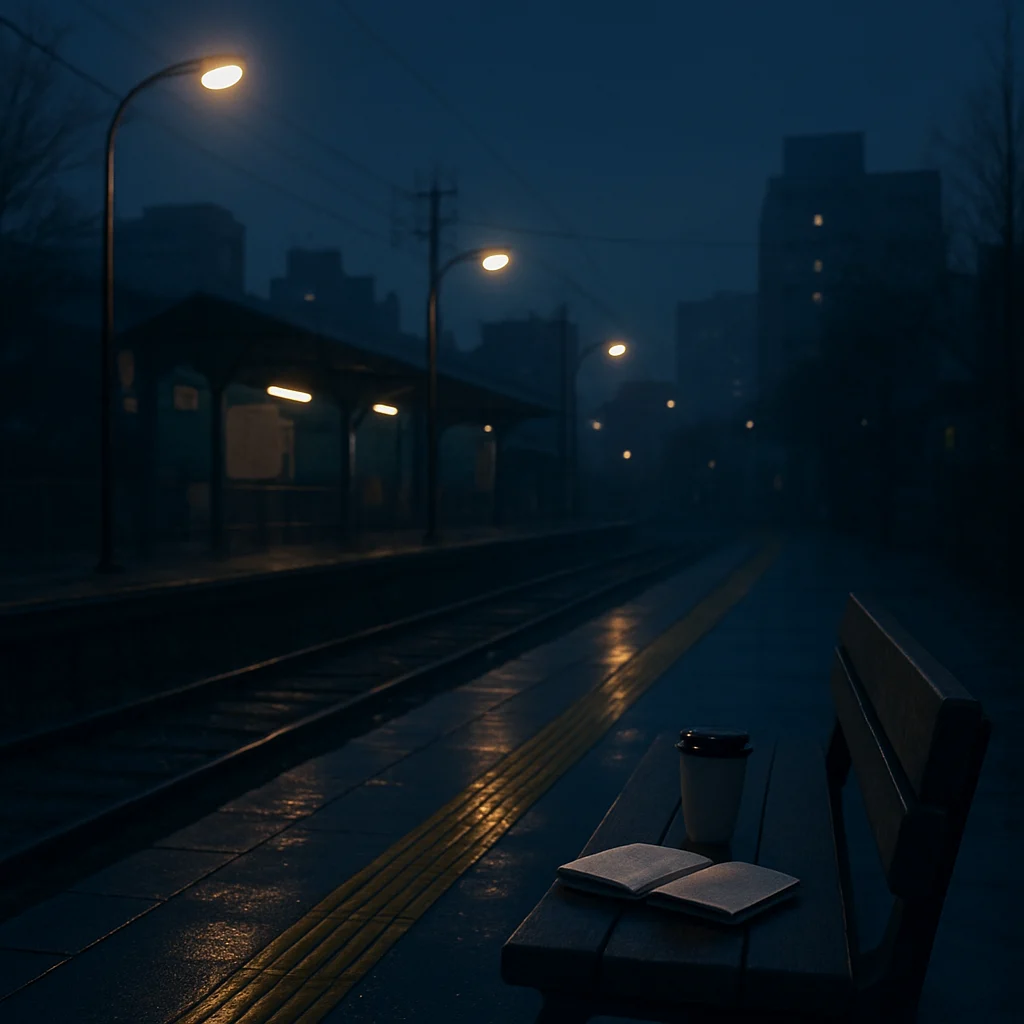 夜の東京の駅周辺と車内風景、窓越しの街灯と手元のノート、静かなコーヒーカップの影