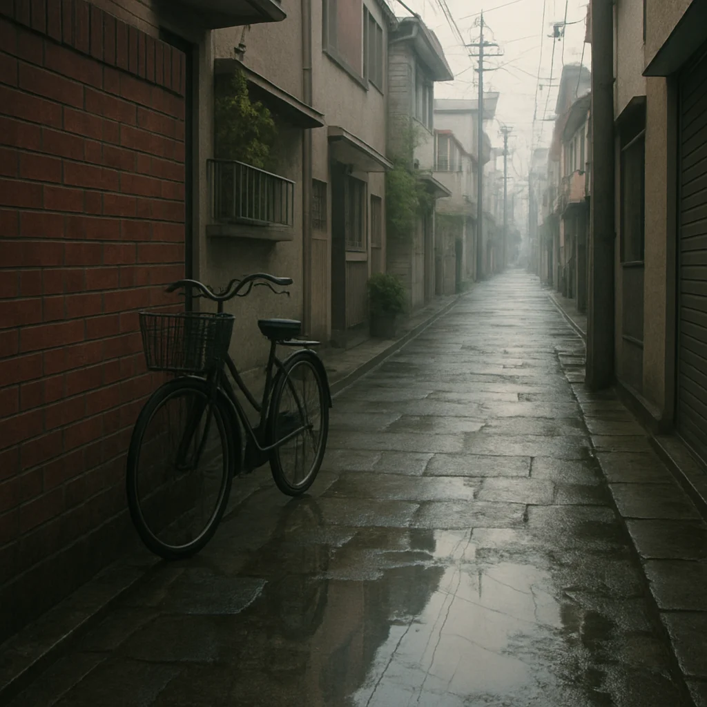 東京の路地の早春の風景。石畳の影と水たまりの反射、木の香りと風の動きを描いた一枚。