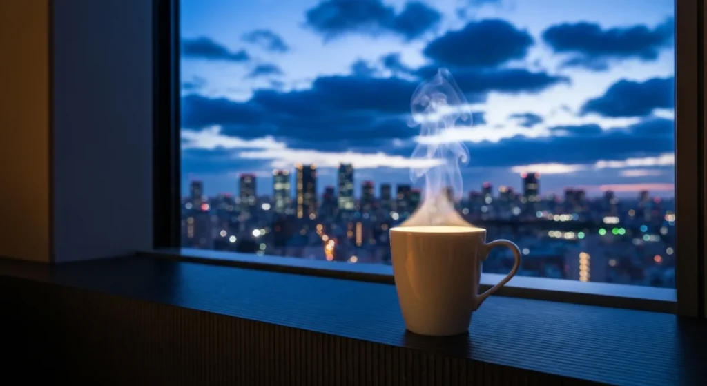 A white mug on a windowsill overlooking the Tokyo twilight sky in indigo.