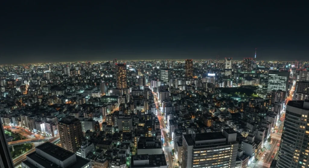 A serene Tokyo night scene in late April, clear star-filled sky over city buildings with a glass of water on a balcony table.