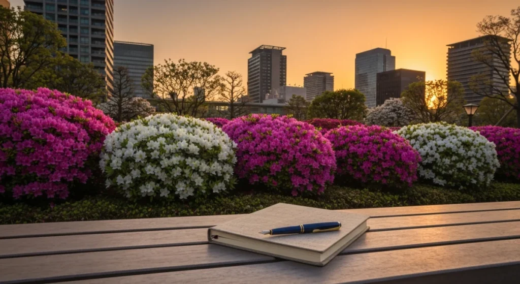 Massifs d'azalées roses et blanches en pleine floraison dans un cadre urbain au coucher du soleil avec un carnet de notes sur un banc.