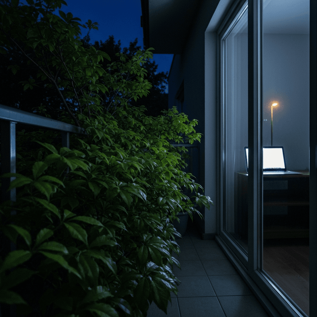 深夜のベランダで街灯に照らされるオリーブの鉢植え