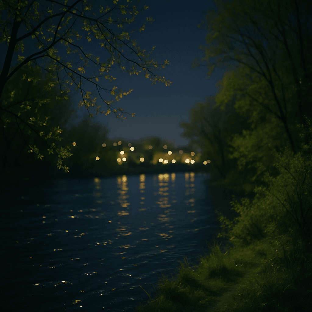 A peaceful riverside scene at night with city lights reflecting on the water and spring greenery.