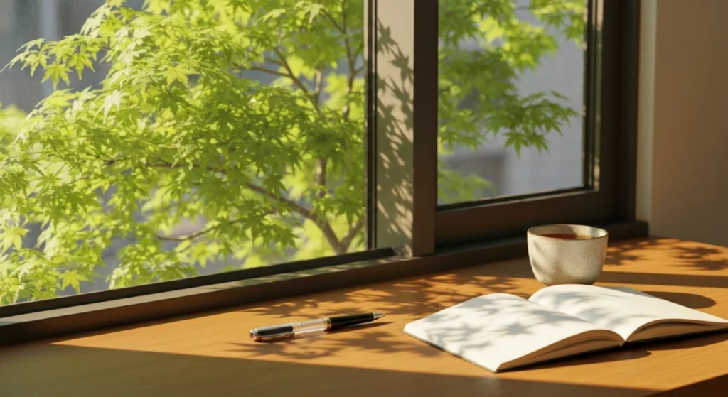 窓辺の新緑と万年筆のある風景