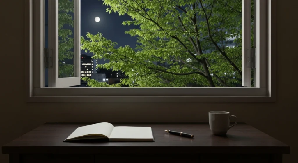 A wooden desk by the window at night with a notebook, a fountain pen, and a small potted plant under soft moonlight.