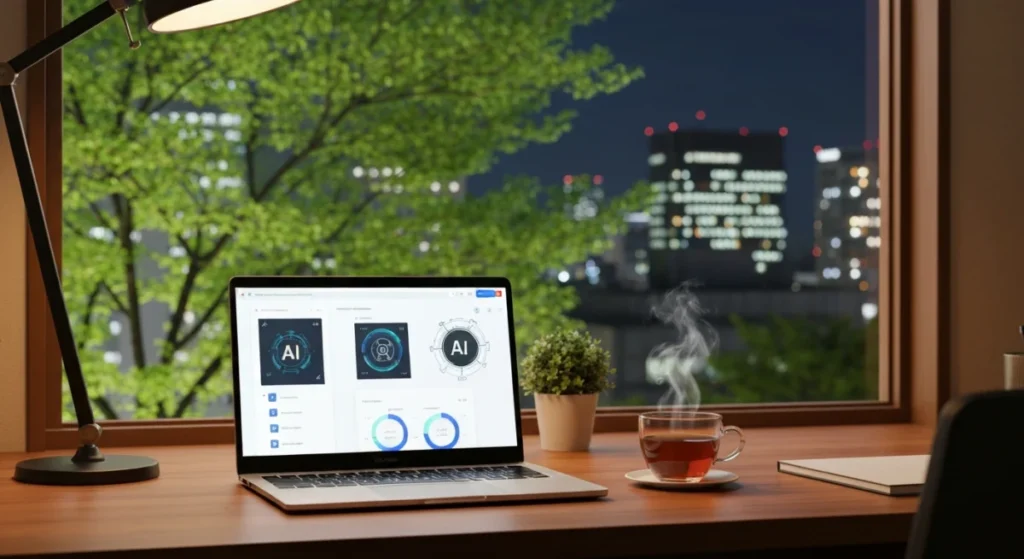 A modern workspace at night in late April, showing a computer with a WordPress dashboard and AI icons, representing automated content creation.
