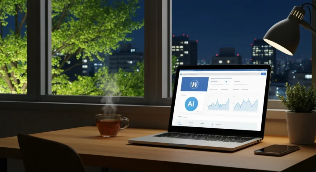 A modern home office in Tokyo at night in late April, featuring a laptop with a WordPress dashboard and soft spring moonlight through the window.