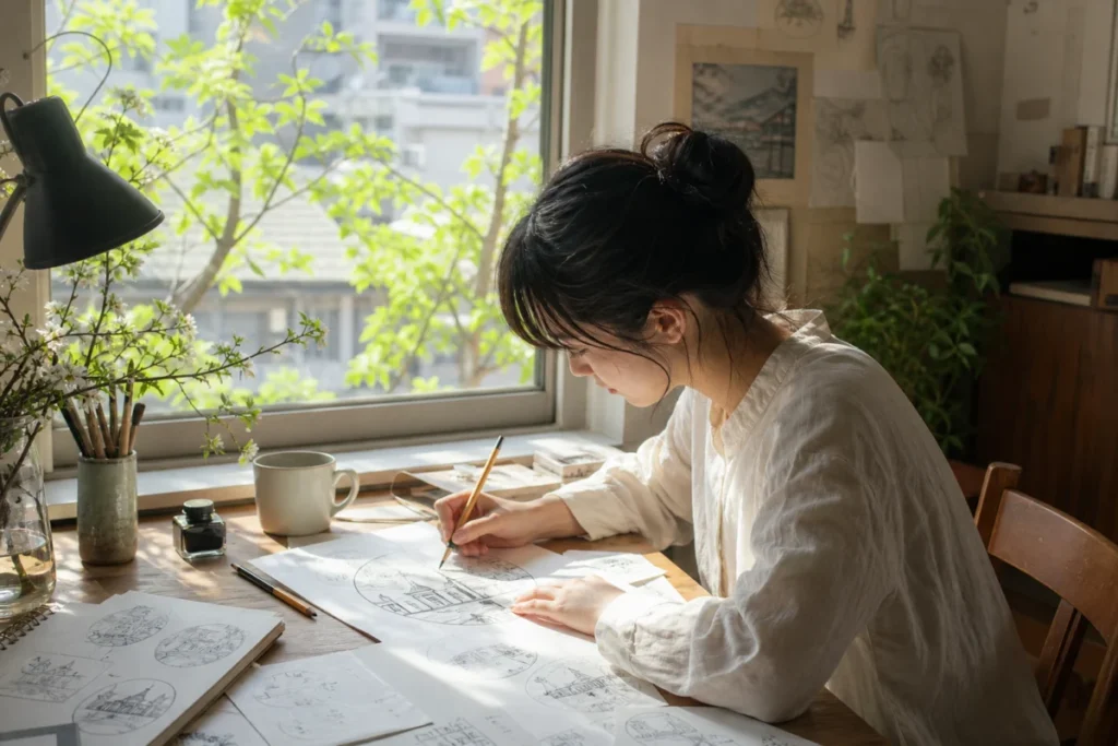 午後の光の中で描かれるスタンプラリー用イラスト作業風景