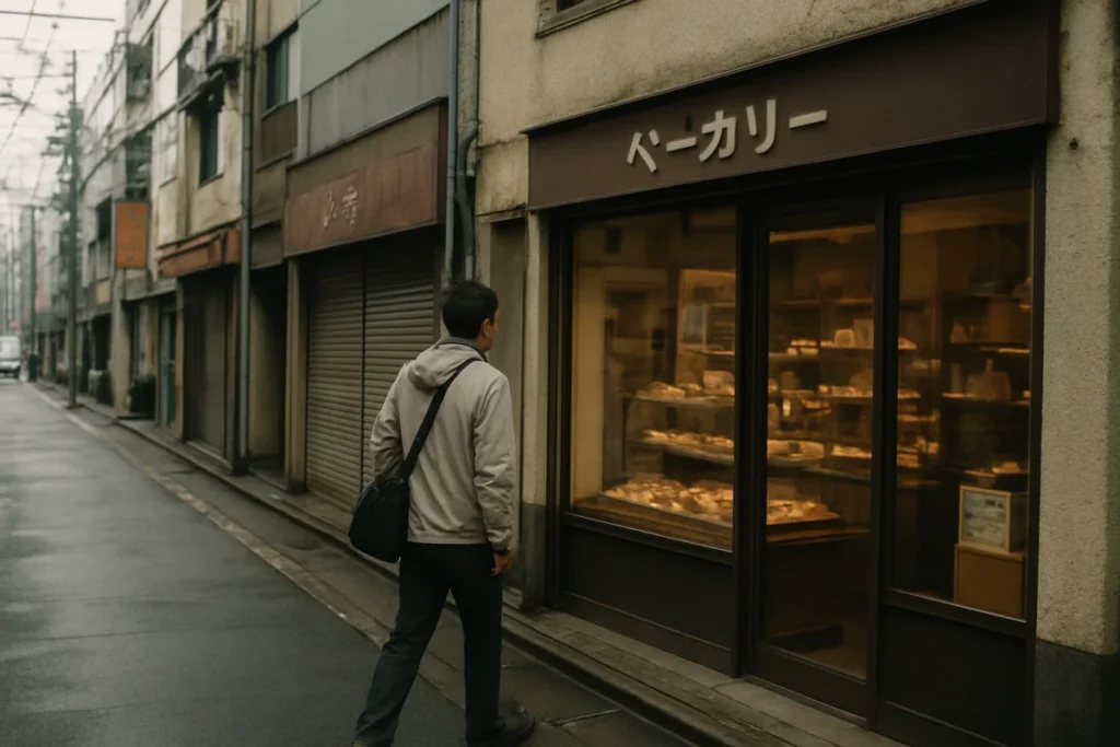 Cloudy Tokyo afternoon street with a lone pedestrian window-shopping