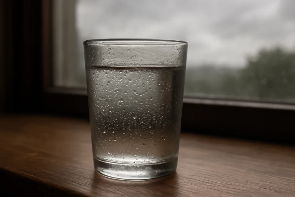 曇り空の窓辺に置かれた水滴のついたコップ