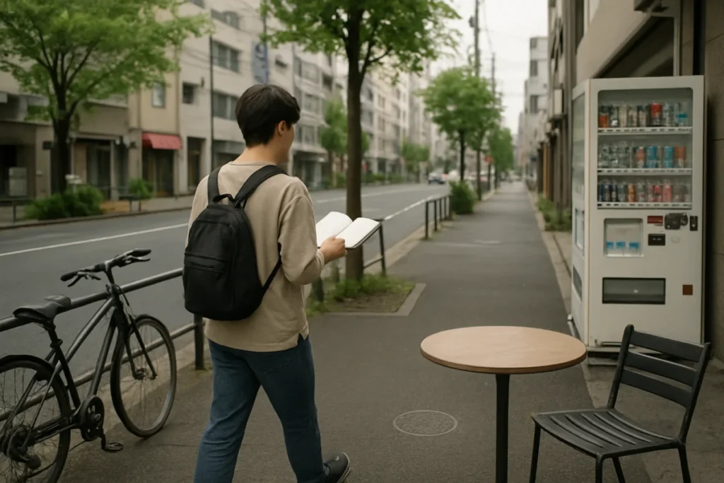 午後の東京の街並みを歩く私の横顔とノート