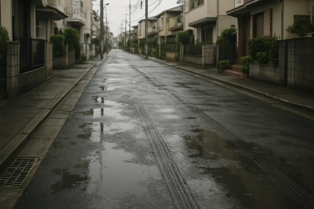 午後の住宅街の車道、アスファルトに残る水たまりと乾きかけた路面の境界