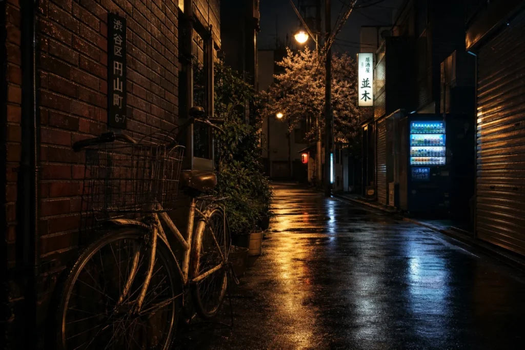 夜の東京の路地、路地の灯りが壁と影を染める光景