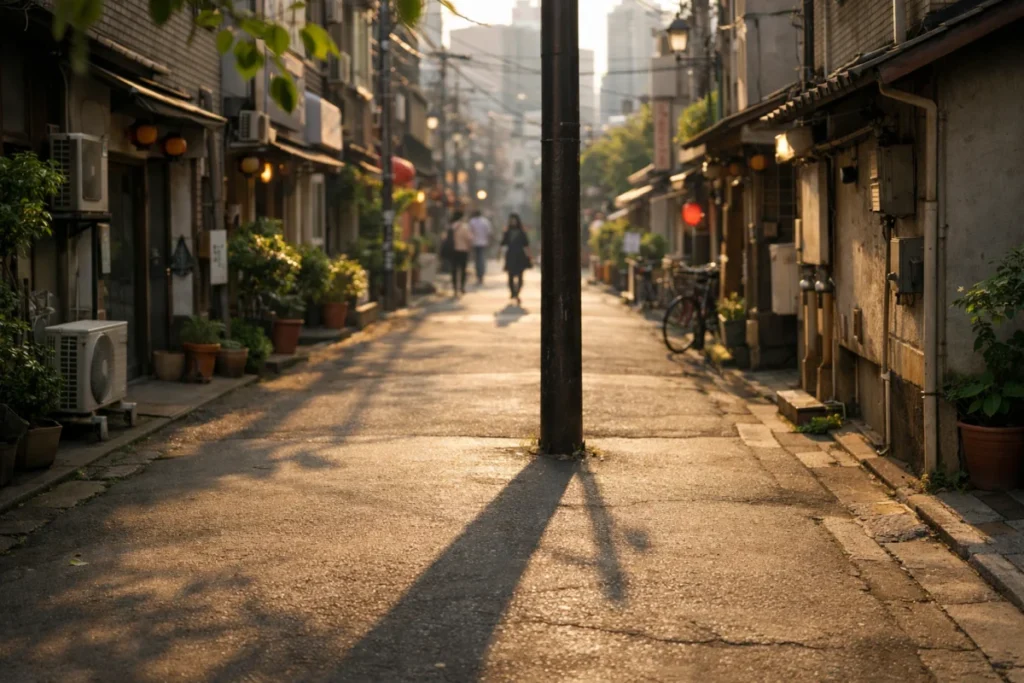 薄曇りの午後の街角で細長い柱と長い影が絡む情景