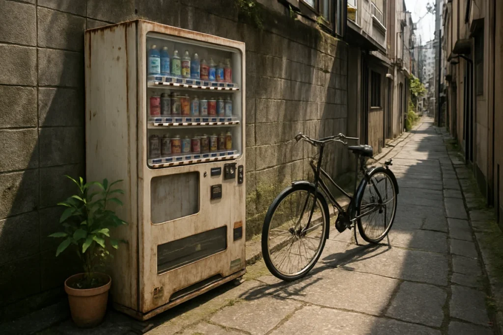 路地の自販機と鉢植えの花、日差しが当たる石畳の路地の情景