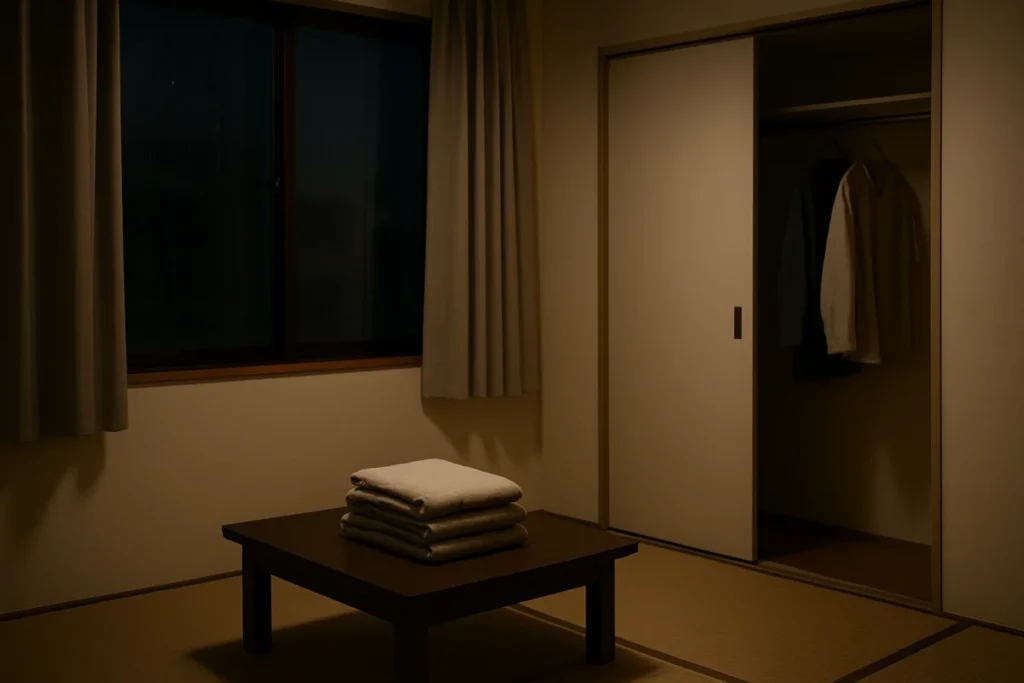 夜の部屋で、畳まれた部屋着が整えて置かれている様子