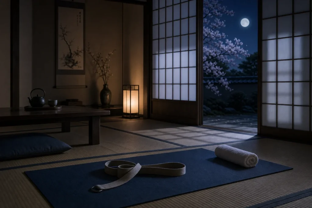 春の夜の畳の部屋。道具だけが床に置かれている静かな様子