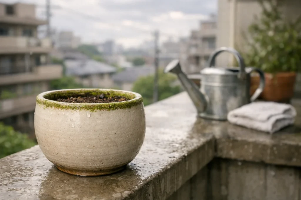 ベランダの植木鉢に残る水滴と、苔の淡い緑