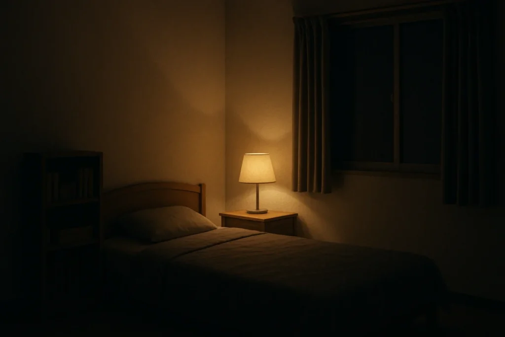 夜遅い時間の寝室の灯りが家具の影を壁に映している様子
