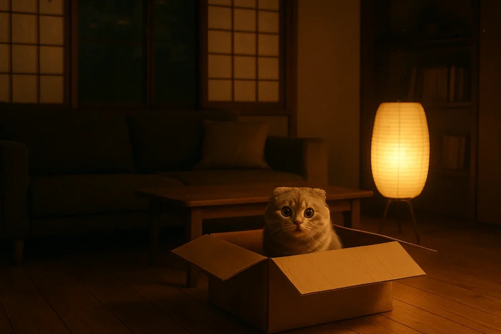 夜のリビングでビール箱に座るスコティッシュフォールドの猫