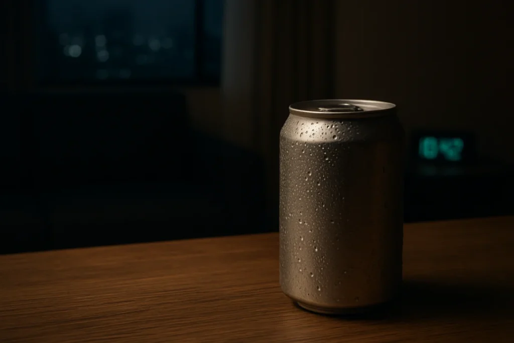 夜のリビングに置かれた冷たいビール缶