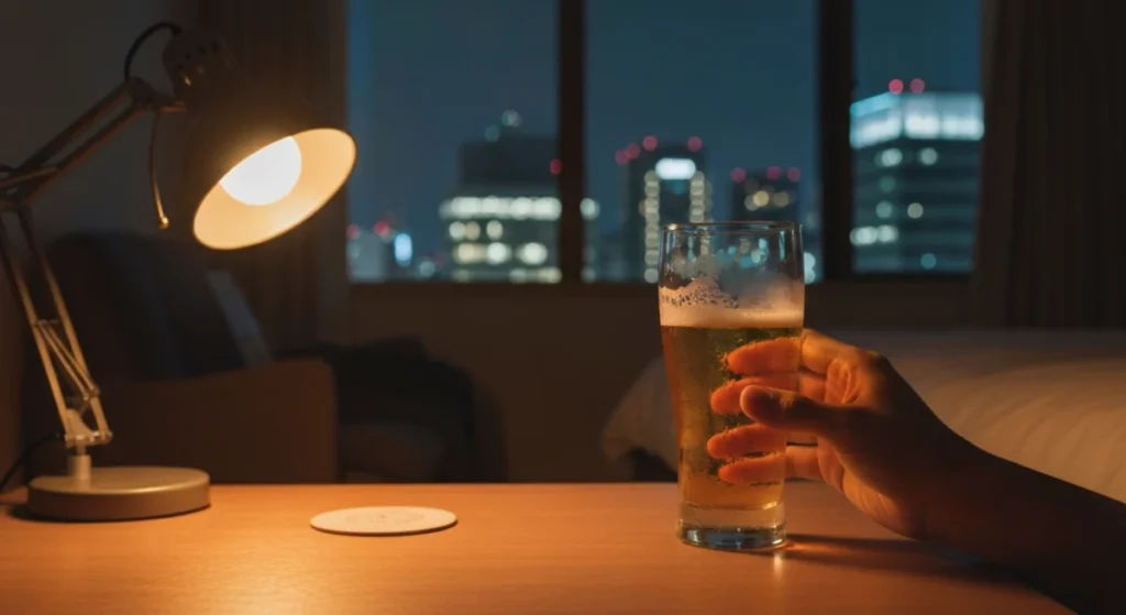 夜のリビングでグラスを握る手と窓の外の街灯、五月の夜風を感じる静かな場面