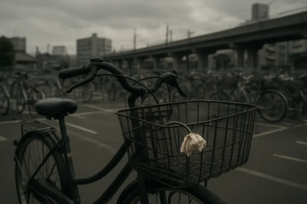 自転車のかごに挿されたしおれかけた花