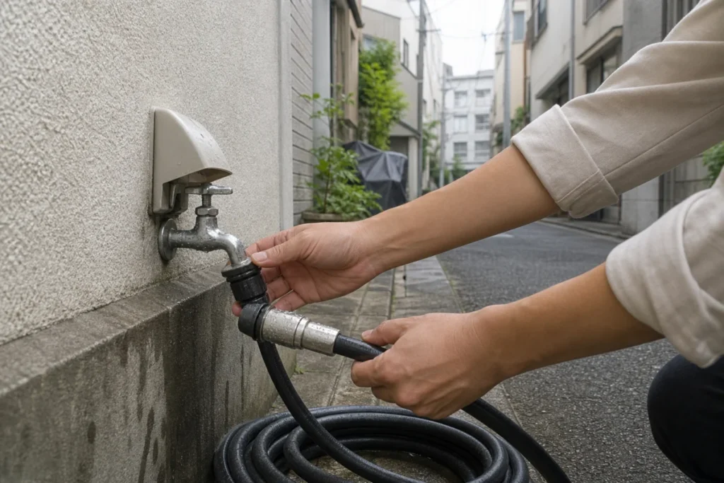 昼の路地で黒いホースを蛇口付近にまとめる手元