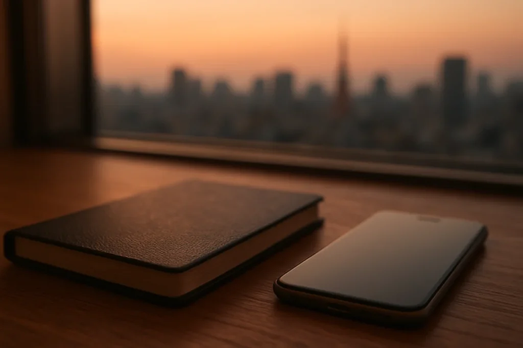 黒いノートとスマホ、窓辺の夕暮れとニュース画面のイメージ