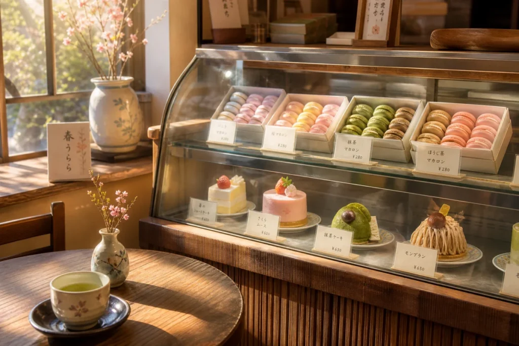 午後の光が店内ショーケースを照らし、マカロンが整然と並ぶ光景