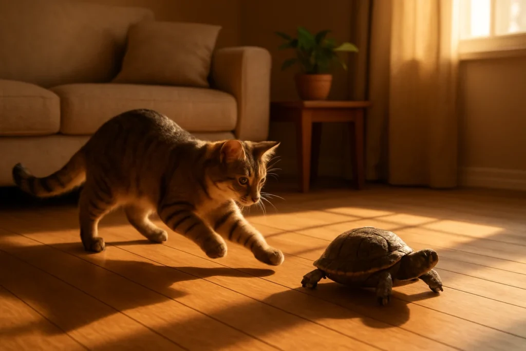 部屋の床で猫と亀が追いかけっこしている光景