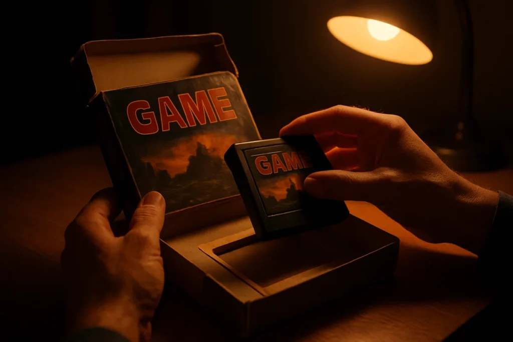 夜の机の上で開かれた古いゲームソフトの箱と手元の光