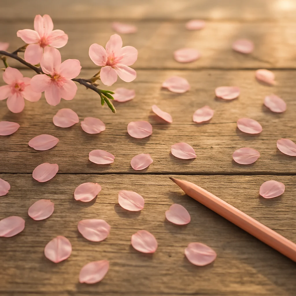 Cherry blossom petals scattered near a colored pencil on weathered wood surface in soft morning light