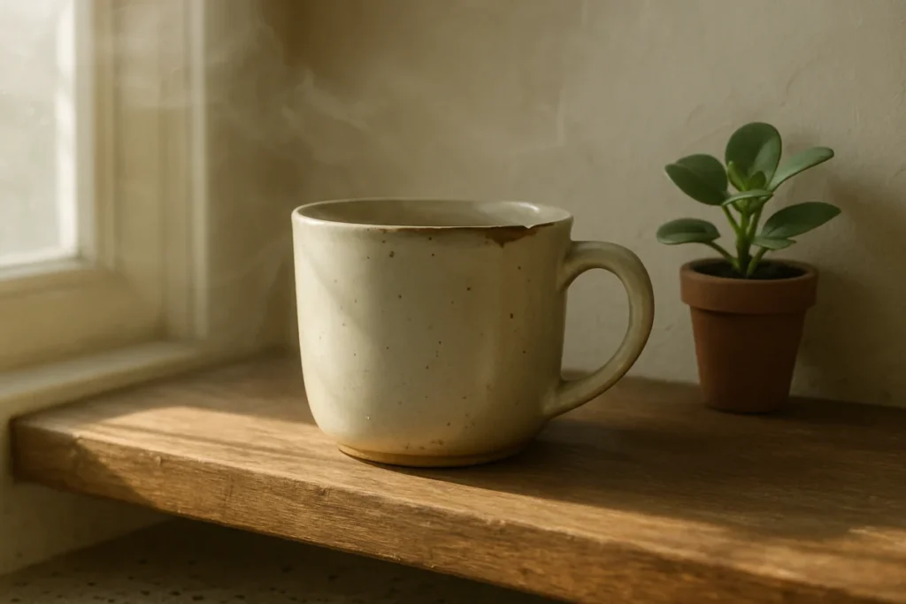 A chipped ceramic mug on a kitchen shelf with soft morning light.