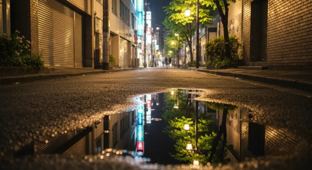 夜の路地の水たまりに映る葉と街灯の光