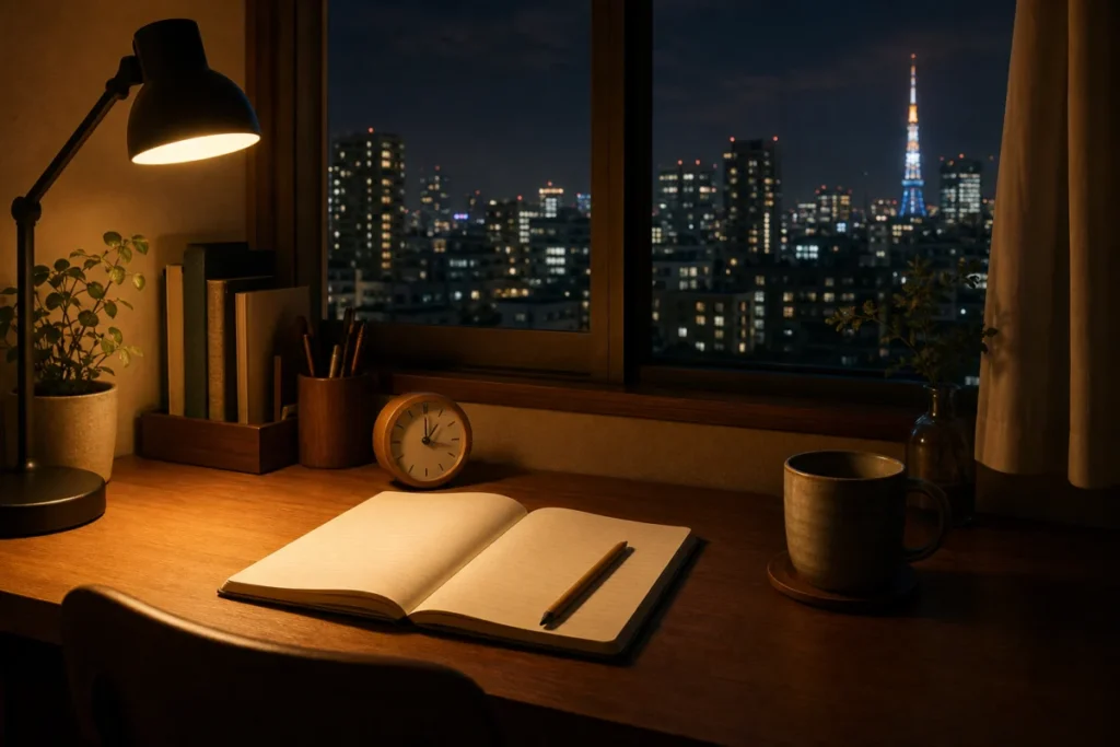 室内の机に置かれた時計とノートの静かな夜景