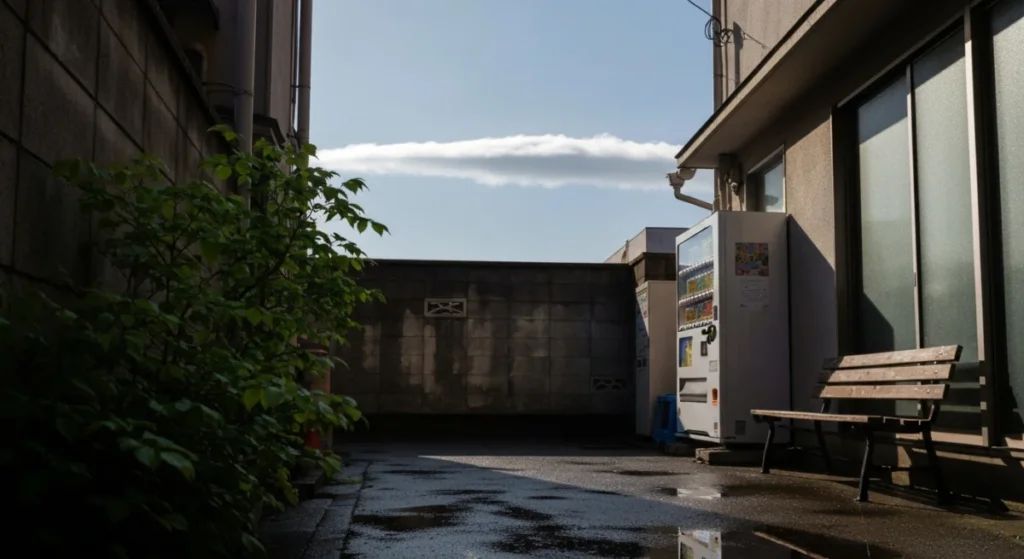 路地裏の薄曇り空を横切る雲と、濡れた路面と木目のベンチの静かな朝の風景