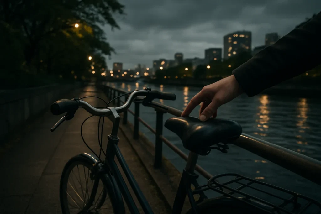 曇った夜の東京で、川沿いの自転車に手を伸ばす様子