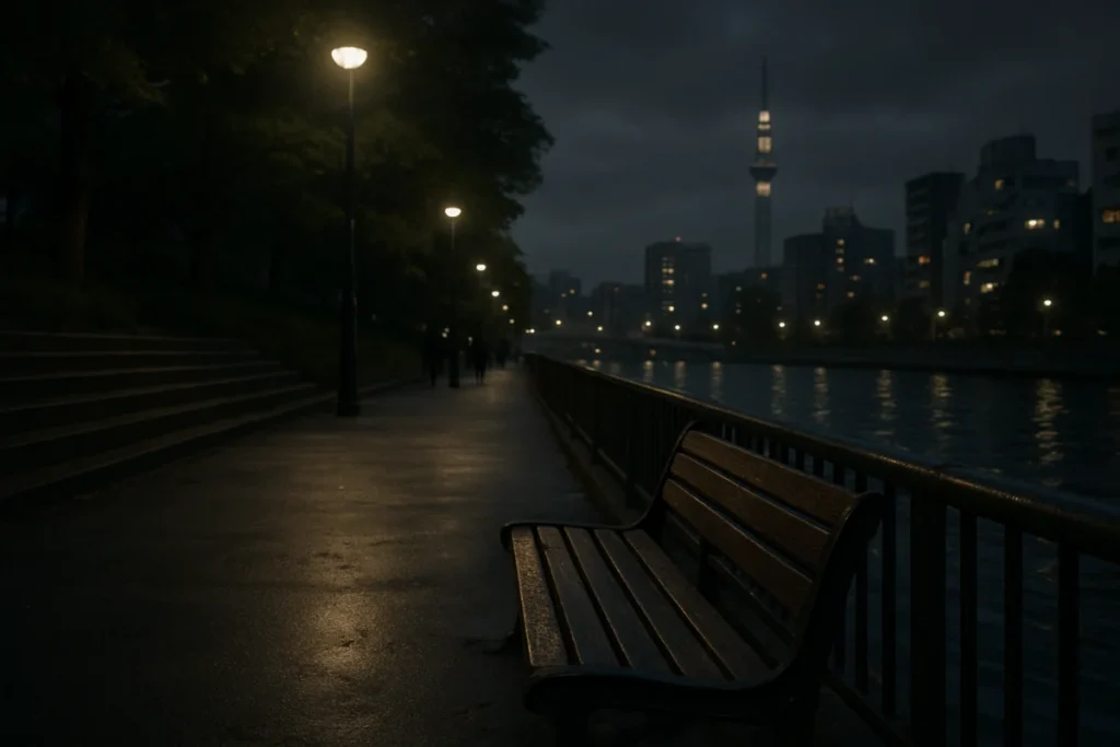 東京の川沿い、曇りの夜にベンチへ向かう人影と水面の光