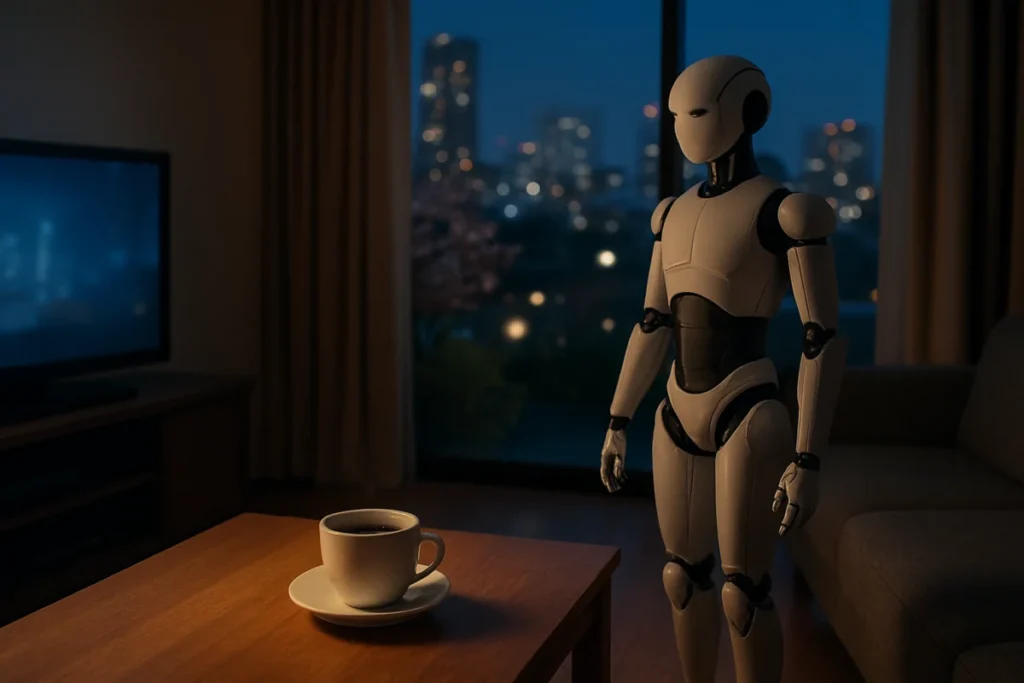 リビングのコーヒーカップと有人二足歩行ロボのデモを思わせる光景