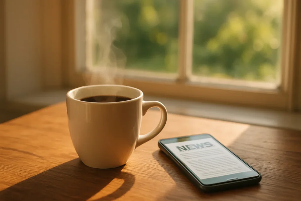 窓辺のテーブルの上に置かれたコーヒーカップとスマートフォン