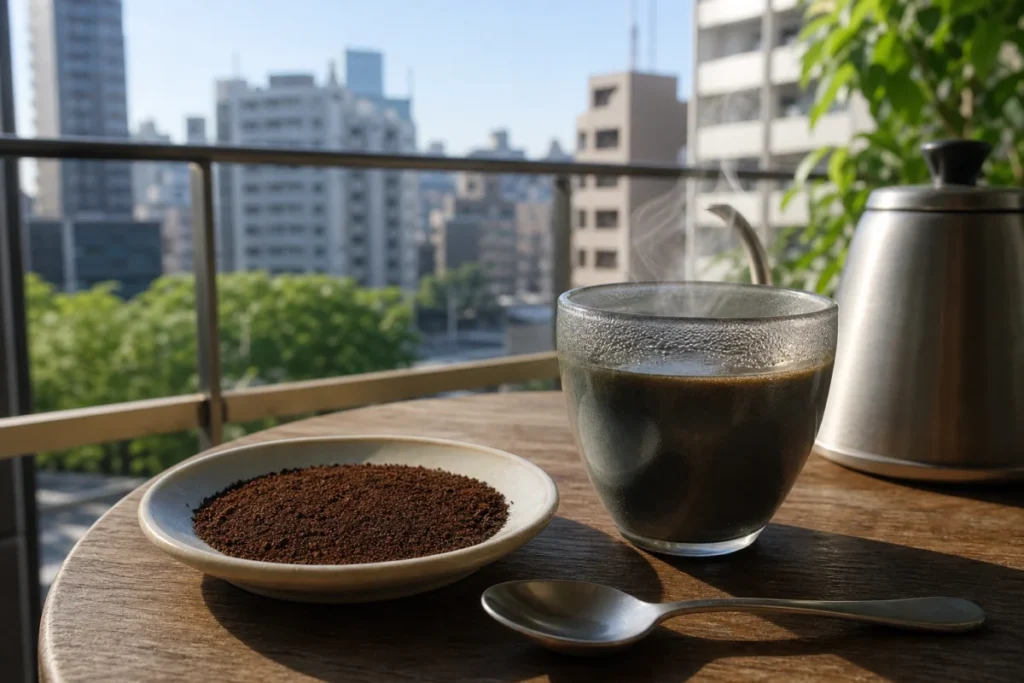 ベランダの手すり近くで小皿の上に広がる珈琲の粉と、湯気の立つカップ