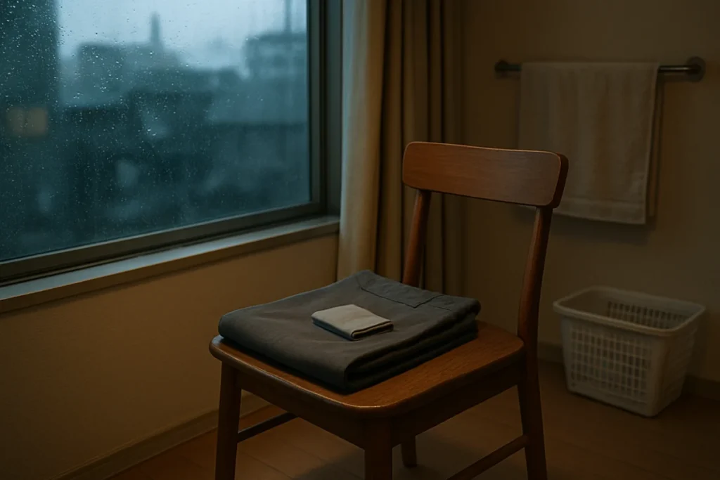 雨の夕方、部屋の椅子に置かれた涼感素材のパンツとハンカチ