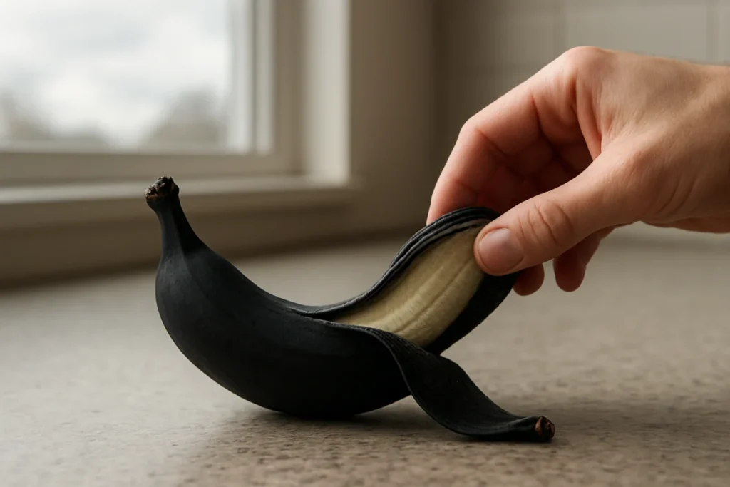 真っ黒なバナナの皮をむく手元